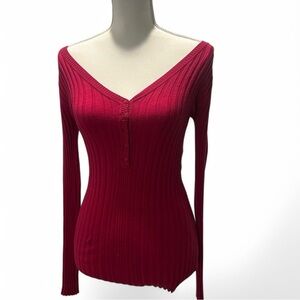 Red V-Neck Ribbed Sweater